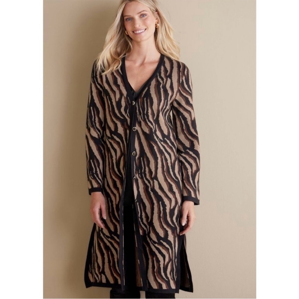 Soft Surroundings Veronica Jacquard‎ Cardigan Neutral zebra Animal Print Size XS